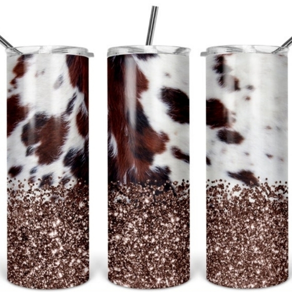 Cow Print Glitter Tumbler 30 ounce with Straw - Picture 9 of 12